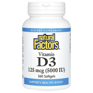 Natural Factors, D3-vitamiini, 125 mikrog (5 000 IU), 360 pehmeää geeliä
