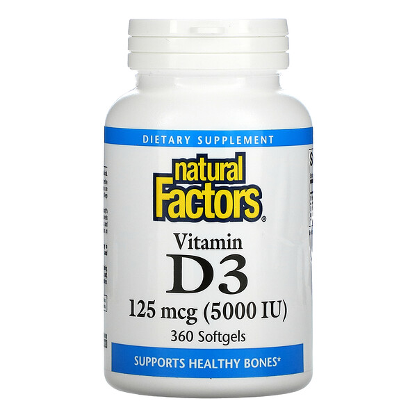 Natural Factors‏, Vitamin D3, 5,000 IU, 360 Softgels