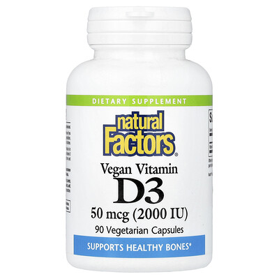 Natural Factors, Vitamina D3 vegana, 50 mcg (2000 UI), 90 cápsulas vegetales