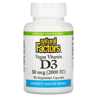 Natural Factors, Веган витамин D3, 50 mcg (2000 IU), 90 вегетариански капсули