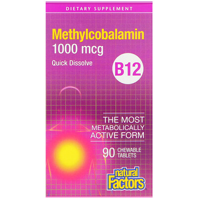 Natural Factors B12, метилкобаламин, 1000 мкг, 90 жевательных таблеток