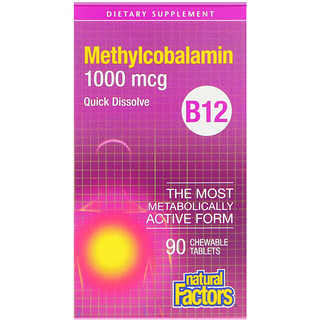 Natural Factors, B12、メチルコバラミン、1,000mcg、チュアブルタブレット90粒