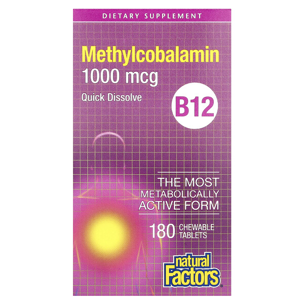Natural Factors B12, Methylcobalamin, 1,000 mcg, 180 Chewable Tablets