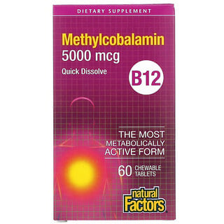 Natural Factors, Vitamina B12, metilcobalamina, 5000 mcg, 60 comprimidos mastigáveis.