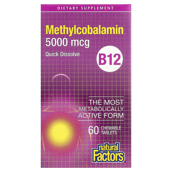 Natural Factors B12, Methylcobalamin, 5,000 mcg, 60 Chewable Tablets