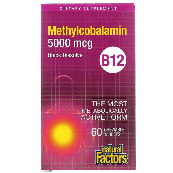 Natural Factors, витамин B12, метилкобаламин, 5000 мкг, 60 жевательных таблеток