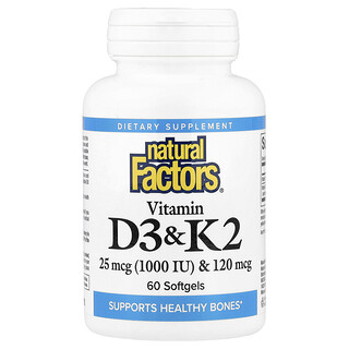Natural Factors, Vitamines D3 et K2, 25 µg (1000 UI) et 120 µg, 60 capsules à enveloppe molle