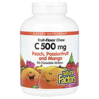 Natural Factors, Mastigação com Sabor de Frutas, Vitamina C, Pêssego, Maracujá e Manga, 500 mg, 90 Bolachas Mastigáveis
