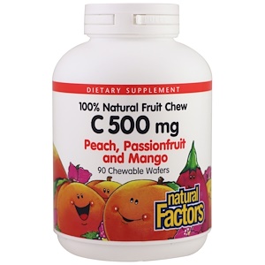 Natural Factors, Витамин C, персик, маракуйя и манго, 500 мг, 90 жевательных таблеток