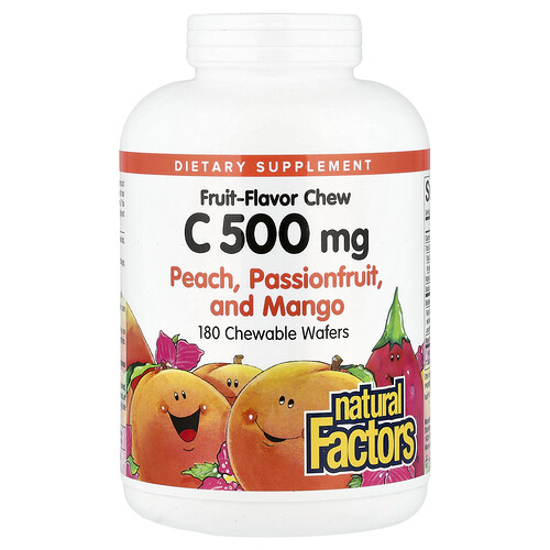 Natural Factors Vitamin C, Fruit-Flavor Chew, Peach, Passionfruit and Mango, 500 mg, 180 Chewable Wafers