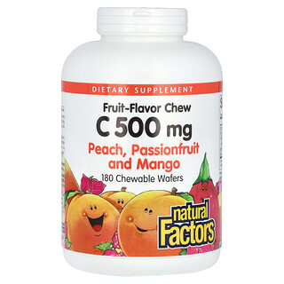 Natural Factors, Sabor de Frutas, Vitamina C, Pêssego, Maracujá e Manga, 500 mg, 180 Bolachas Mastigáveis