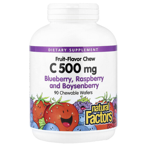 Natural Factors, Vitamin C Fruit-Flavor Chew, Blueberry, Raspberry and Boysenberry, 500 mg, 90 Chewable Wafers