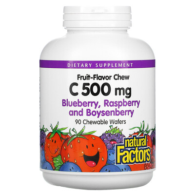 Natural Factors 100% Natural Fruit Chew Vitamin C, Blueberry, Raspberry and Boysenberry, 500 mg, 90 Chewable Wafers
