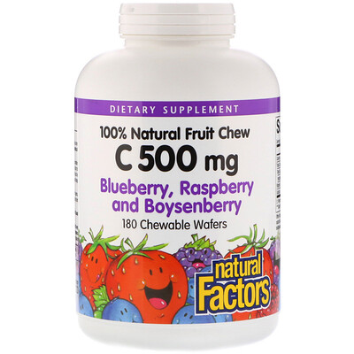 Natural Factors 100% Natural Fruit Chew Vitamin C, Blueberry, Raspberry and Boysenberry, 500 mg, 180 Chewable Wafers