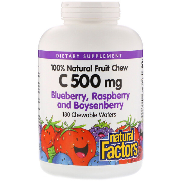 Natural Factors‏, 100% Natural Fruit Chew Vitamin C, Blueberry, Raspberry and Boysenberry, 500 mg, 180 Chewable Wafers
