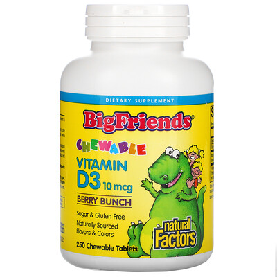 

Natural Factors Big Friends, жевательный витамин D3, ягодный вкус, 10 мкг, 250 жевательных таблеток