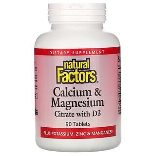 Natural Factors, 칼슘 및 마그네슘, 비타민D3 함유 시트레이트, 90정