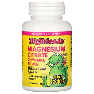 Natural Factors Big Friends, Magnesium Citrate, Bubble Gum Flavor, 50 mg, 60 Chewable Tablets