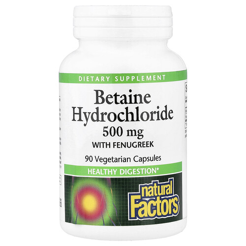 Natural Factors, Clorhidrato de betaína con fenogreco, 500 mg, 90 cápsulas vegetales