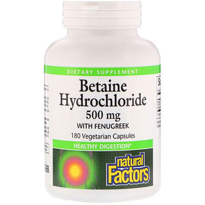Natural Factors Бетаина гидрохлорид с пажитником, 500 мг, 180 вегетарианских капсул
