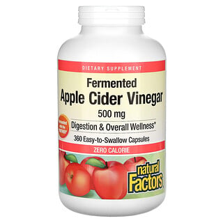 Natural Factors, Ферментирал ябълков оцет, 500 mg, 360 лесни за поглъщане капсули