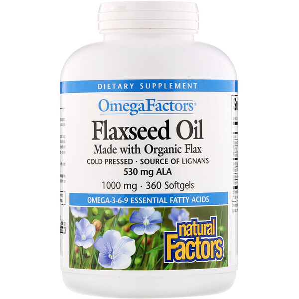 Natural Factors, Omega Factors（オメガファクターズ）、亜麻仁油、1,000mg、ソフトジェル360粒