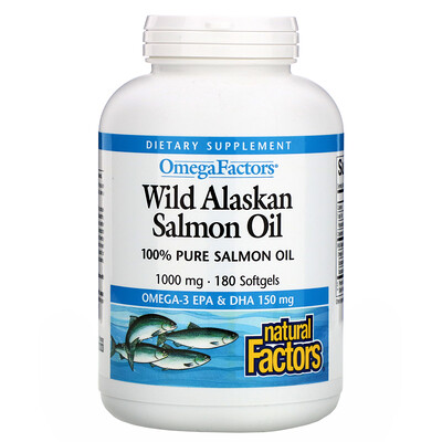 Natural Factors Omega Factors, жир дикого аляскинского лосося, 1000 мг, 180 мягких таблеток