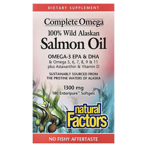 Natural Factors, Omega completo, Aceite de salmón 100 % salvaje de Alaska, 1300 mg, 180 cápsulas blandas Enteripure