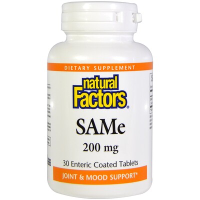 Natural Factors SAM-e (S-аденозил-L-метионин), 200 мг, 30 желудочно-резистентных таблеток