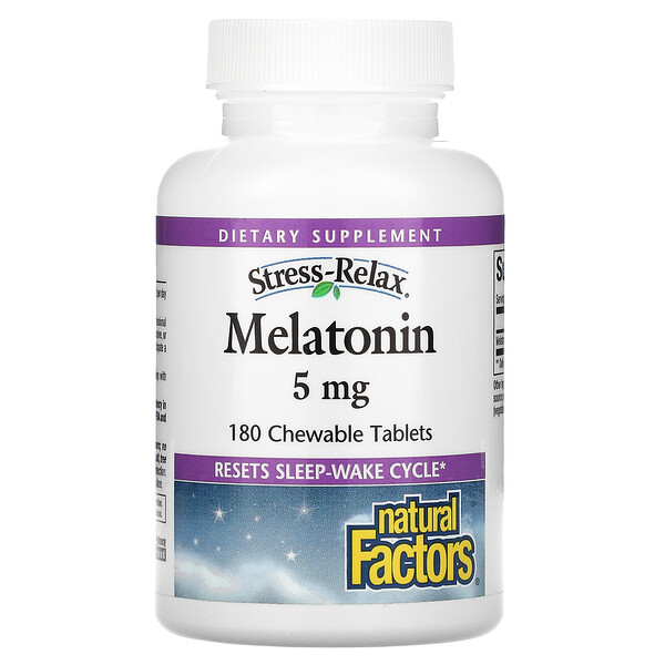 Natural Factors, Stress-Relax, ΠΌΠ΅Π»Π°ΡΠΎΠ½ΠΈΠ½, 5Β ΠΌΠ³, 180Β ΠΆΠ΅Π²Π°ΡΠ΅Π»ΡΠ½ΡΡ
ΡΠ°Π±Π»Π΅ΡΠΎΠΊ