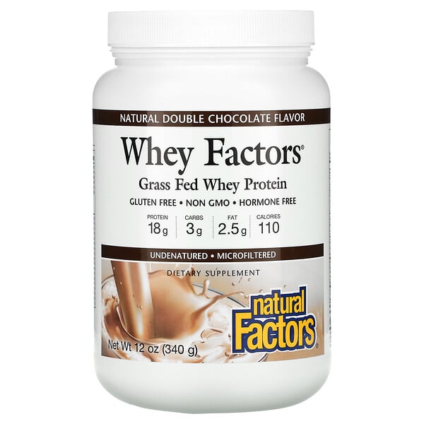 Natural Factors, Whey Factors, 100% натуральный сывороточный белок, с натуральным вкусом двойного шоколада, 12 унций (340 г)
