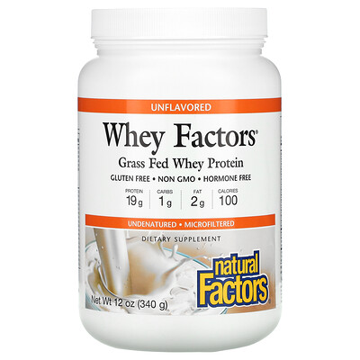 Natural Factors Whey Factors, 100% натуральный сывороточный белок, без ароматизаторов, 12 унций (340 г)