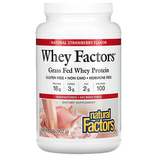 Natural Factors, Whey Factors, 100% Proteína de Suero de Leche Natural, Sabor Natural de Frutilla, 2 lbs (907 g)