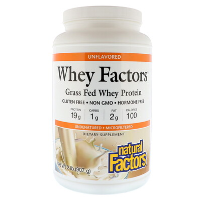 Natural Factors Whey Factors, сывороточный белок молока коров травяного откорма, без ароматизаторов, 907 г (2 фунта)