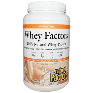Natural Factors, Whey Factors, Полностью натуральный белок молочной сыворотки, Неароматизированный, 2 фунта (907 г)