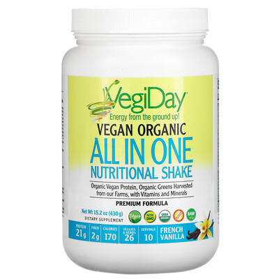 Natural Factors VegiDay, Vegan Organic All In One Nutritional Shake, French Vanilla, 15.2 oz (430 g)