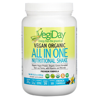 Natural Factors, VegiDay, Vegan Organic All In One Nutritional Shake, French Vanilla, 15.2 oz (430 g)