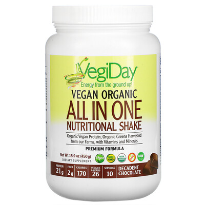 Natural Factors VegiDay, Vegan Organic All In One Nutritional Shake, Decadent Chocolate, 15.9 oz (450 g)