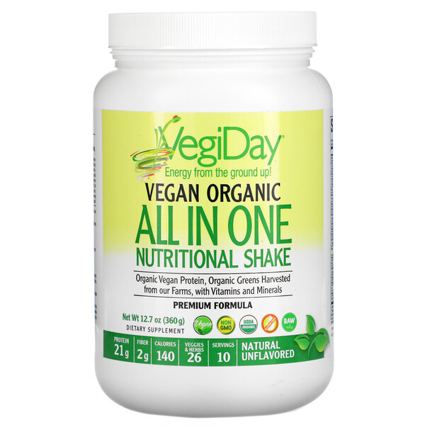 VegiDay, Vegan Organic All In One Nutritional Shake, Natural Unflavored, 12.7 oz (360 g)