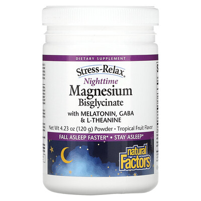 

Natural Factors Stress-Relax Nighttime Magnesium Bisglycinate with Melatonin Gaba & L-Theanine Tropical Fruit 4.23 oz (120 g)