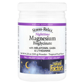Natural Factors, Stress-Relax®, Nachtelijk Magnesium Bisglycinaat Poeder met Melatonine, Gaba & L-Theanine, Tropisch Fruit, 4.23 oz (120 g)