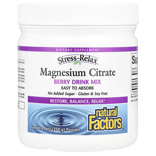 Natural Factors, Stress-Relax®, Citrato de magnesio en polvo, Mezcla para preparar bebidas con sabor a bayas, 250 g (8,8 oz)