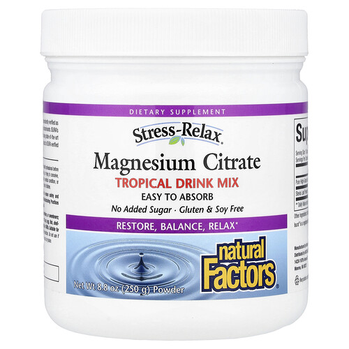 Natural Factors, Stress-Relax®, Magnesium Citrate Powder, Magnesiumcitratpulver, tropische Trinkmischung, 250 g (8,8 oz.)