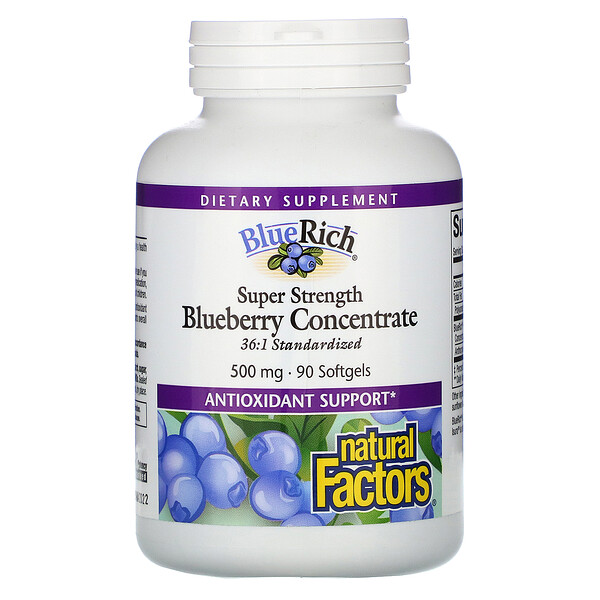 Natural Factors, BlueRich, суперсила, концентрат черники, 500 мг, 90 мягких таблеток