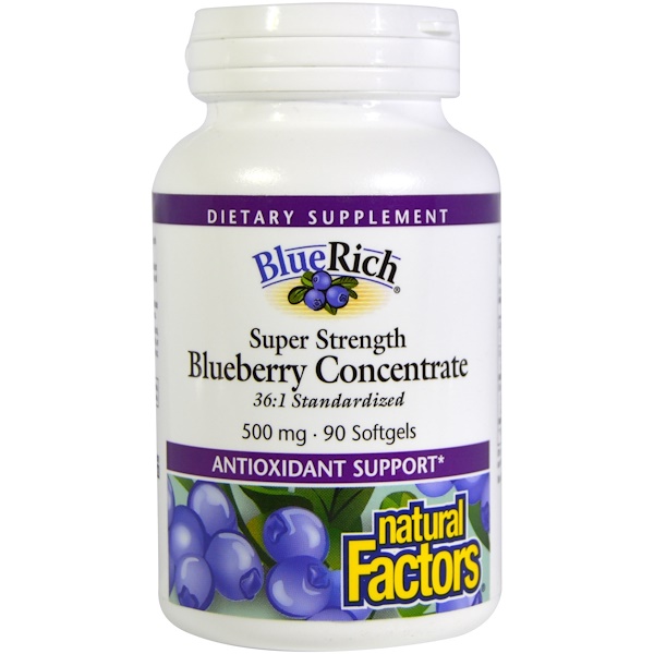 Natural Factors, BlueRich, суперсила, концентрат черники, 500 мг, 90 желатиновых капсул