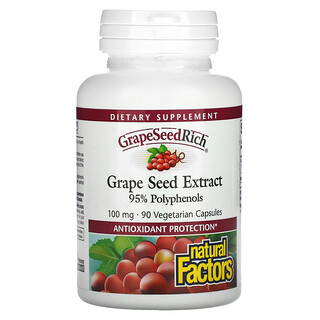 Natural Factors, GrapeSeedRich, Extrato de Semente de Uva, 100 mg, 90 Cápsulas Vegetarianas