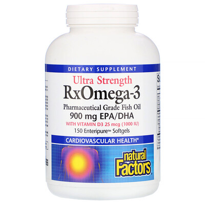 Natural Factors Ultra Strength, RxOmega-3, с витамином D3, 900 мг ЭПК/ДГК (эйкозапентаеновая/докозагексаеновая кислота), 150 гелевых капсул Enteripure