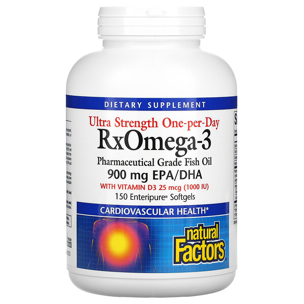 Natural Factors, Ultra Strength, RxOmega-3, с витамином D3, 900 мг ЭПК/ДГК (эйкозапентаеновая/докозагексаеновая кислота), 150 гелевых капсул Enteripure