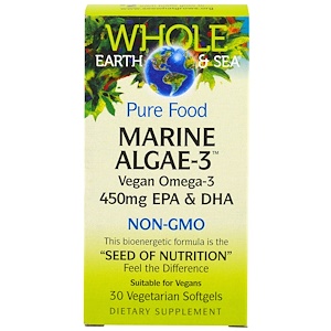 Natural Factors, Whole Earth & Sea, Морские водоросли-3, 450 мг ЭПК и ДГК, 30 капсул в растительной оболочке