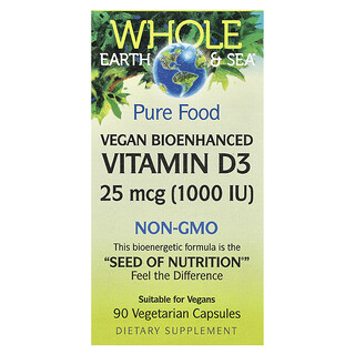 Natural Factors, Whole Earth & Sea, Vitamina D3 vegana biomejorada, 25 mcg (1000 UI), 90 cápsulas vegetales